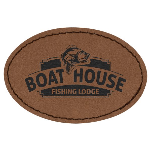 3" x 2" Dark Brown Engraved Faux Leather Oval Patch with Kota Pro Adhesive - Dark Brown