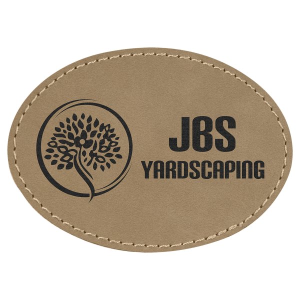3 1/2" x 2 1/2" Light Brown Engraved Faux Leather Oval Patch with Kota Pro Adhesive - Light Brown