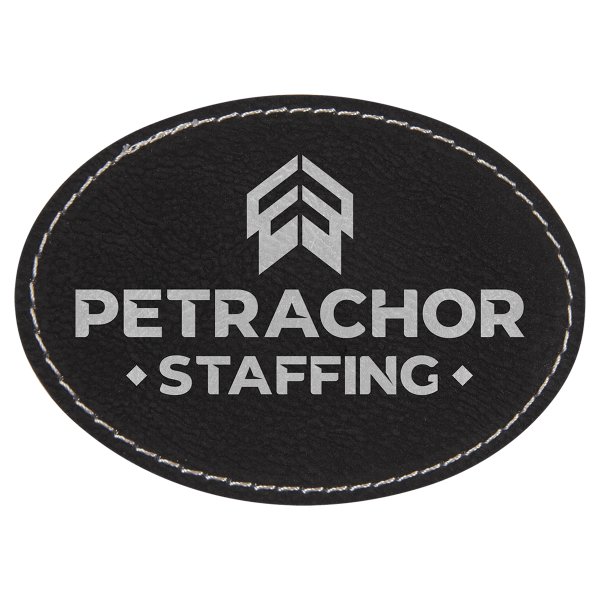 3 1/2" x 2 1/2" Black/Silver Engraved Faux Leather Oval Patch with Kota Pro Adhesive - Black