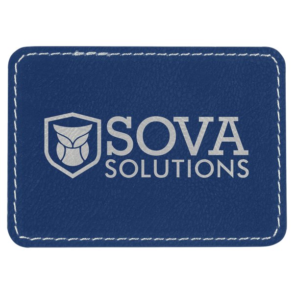 3 1/2" x 2 1/2" Blue/Silver Engraved Faux Leather Rectangle Patch with Kota Pro Adhesive - Blue
