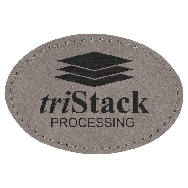 3" x 2" Oval Gray Engraved Faux Leather Patch with Adhesive - Gray