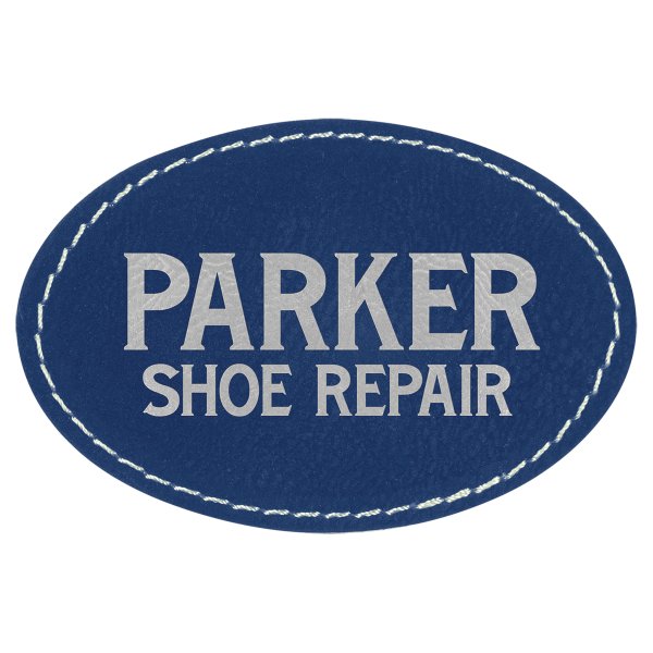 3" x 2" Oval Blue/Silver Engraved Faux Leather Patch with Adhesive - Blue