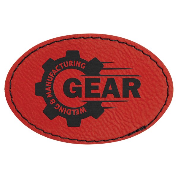 3" x 2" Oval Red Engraved Faux Leather Patch with Adhesive - Red