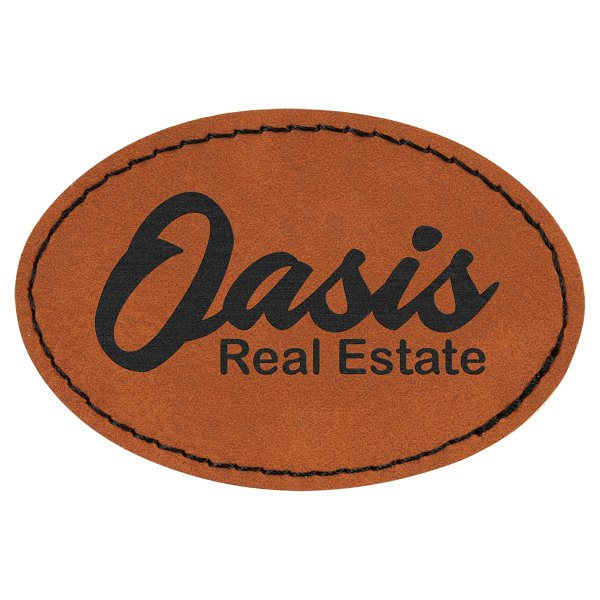 3" x 2" Rawhide Engraved Faux Leather Oval Patch with Kota Pro Adhesiive - Rawhide