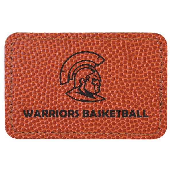 3" x 2" Rectangle Basketball Engraved Faux Leather Patch with Adhesive - Orange