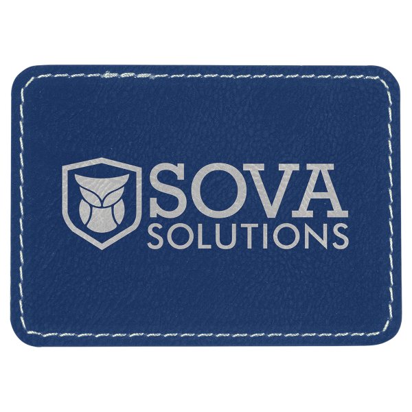 3 1/2" x 2 1/2" Rectangle Blue/Silver Engraved Faux Leather Patch with Adhesive - Blue