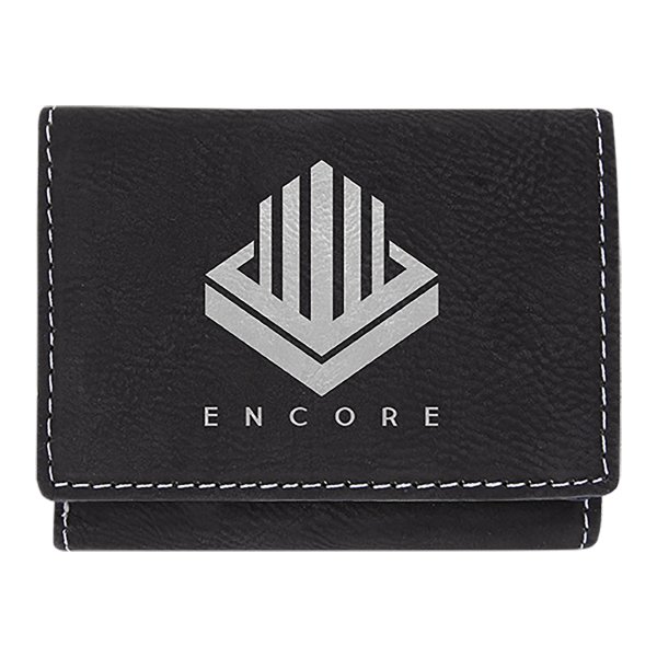 3" x 4" Black/Silver Engraved Faux Leather Trifold Wallet - Black/Silver