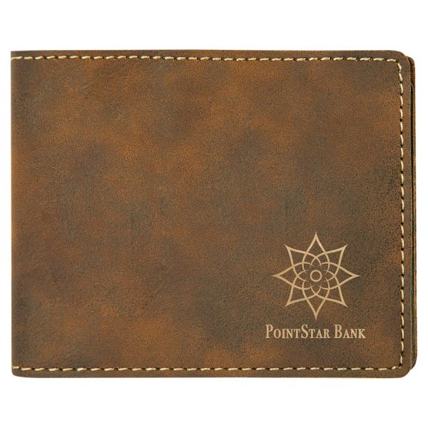 4 1/2" x 3 1/2" Rustic/Gold Engraved Faux Leather Bifold Wallet - Rustic