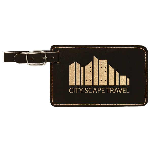 4 1/4" x 2 3/4" Black/Gold Engraved Faux Leather Luggage Tag - Black