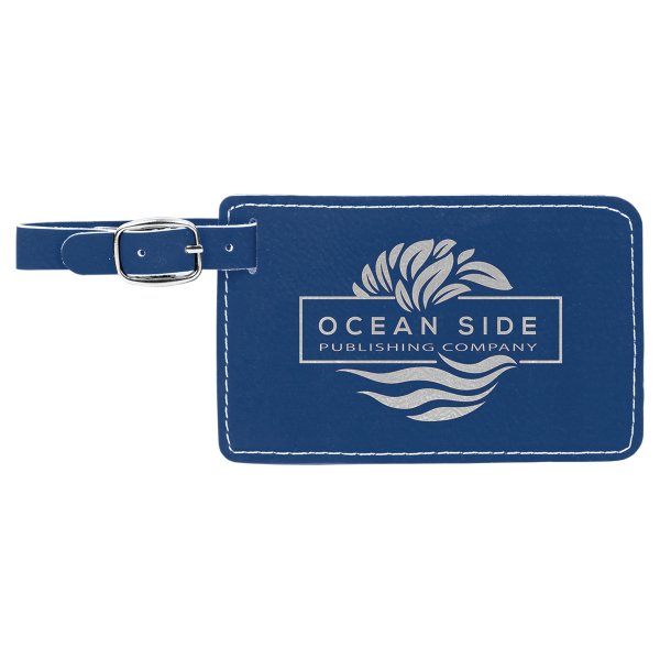 4 1/4" x 2 3/4" Blue/Silver Engraved Faux Leather Luggage Tag - Blue/Silver