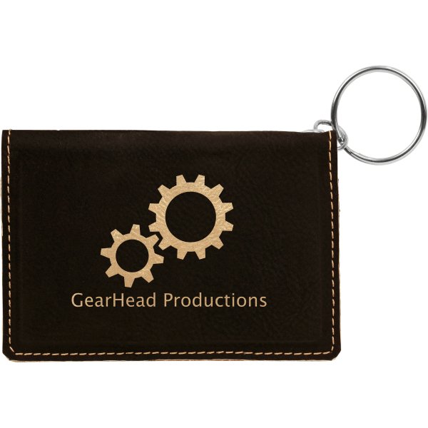 4 1/4" x 3" Black/Gold Engraved Faux Leather Keychain ID Holder - Black