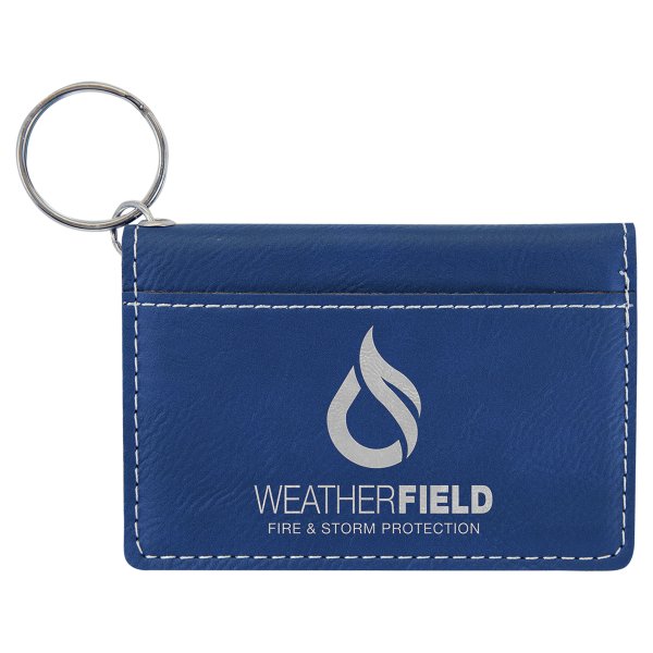 4 1/4" x 3" Blue/Silver Engraved Faux Leather Keychain ID Holder - Blue