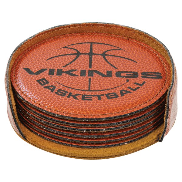 4" Basketball Round Engraved Faux Leather 6-Coaster Set - Orange