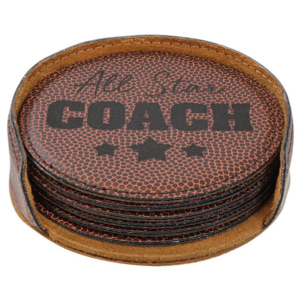 4" Football Round Engraved Faux Leather 6-Coaster Set - Brown