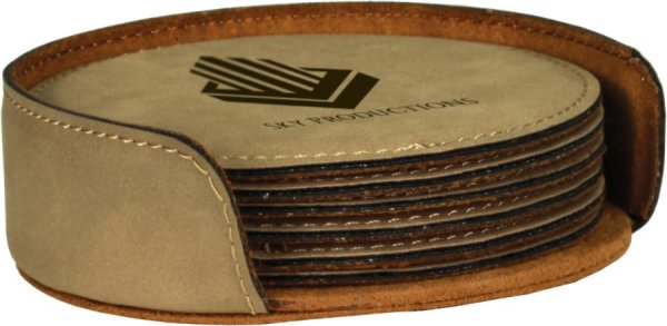 4" Light Brown Engraved Faux Leather 6-Coaster Set - Light Brown
