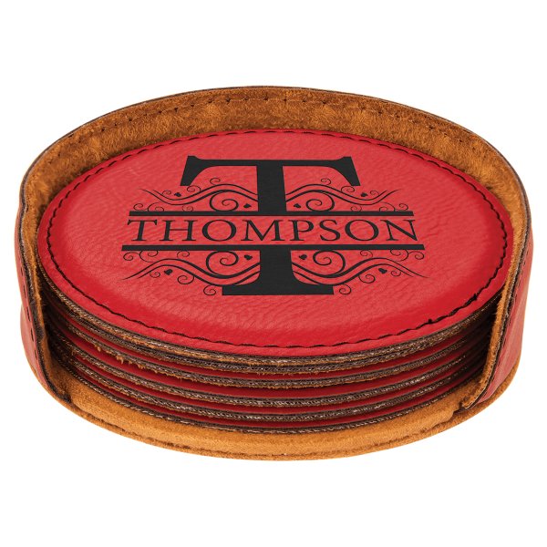 4" Red Engraved Faux Leather Round 6-Coaster Set - Red
