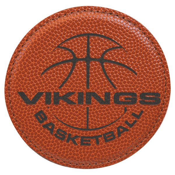4" Round Basketball Engraved Faux Leather Coaster - Orange