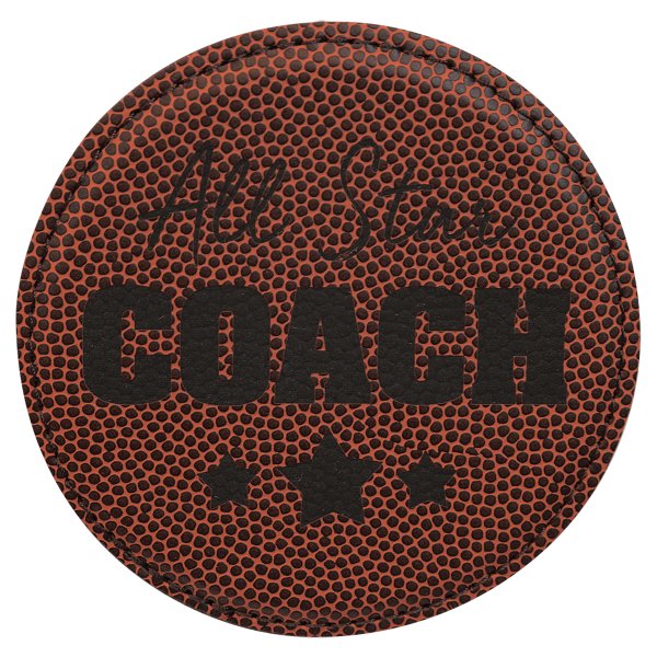 4" Round Football Engraved Faux Leather Coaster - Brown