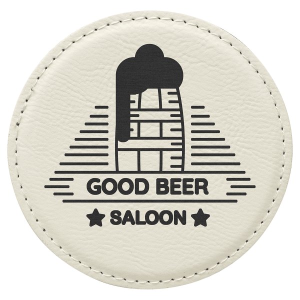 4" Round White Engraved Faux Leather Coaster - White