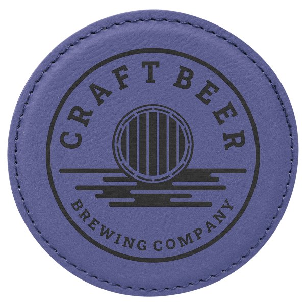 4" Round Purple Engraved Faux Leather Coaster - Purple