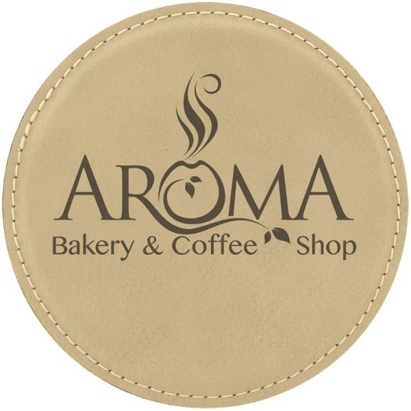 4" Round Light Brown Engraved Faux Leather Coaster - Light Brown