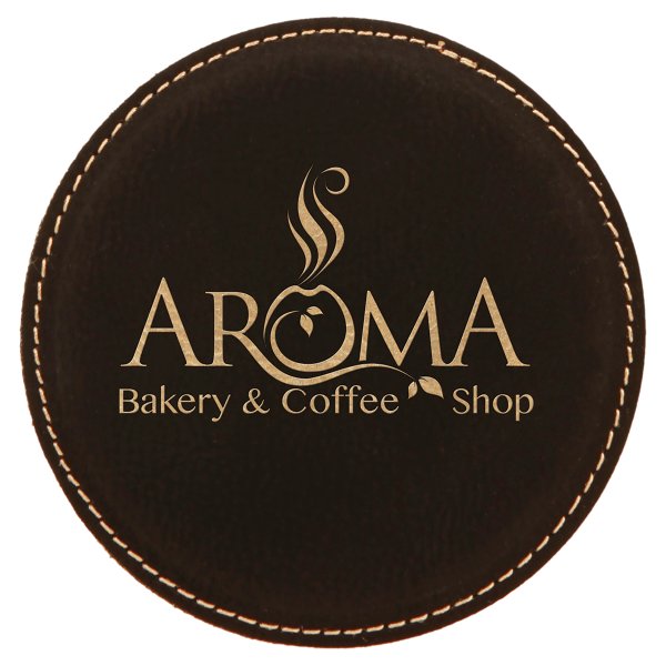 4" Round Black/Gold Engraved Faux Leather Coaster - Black