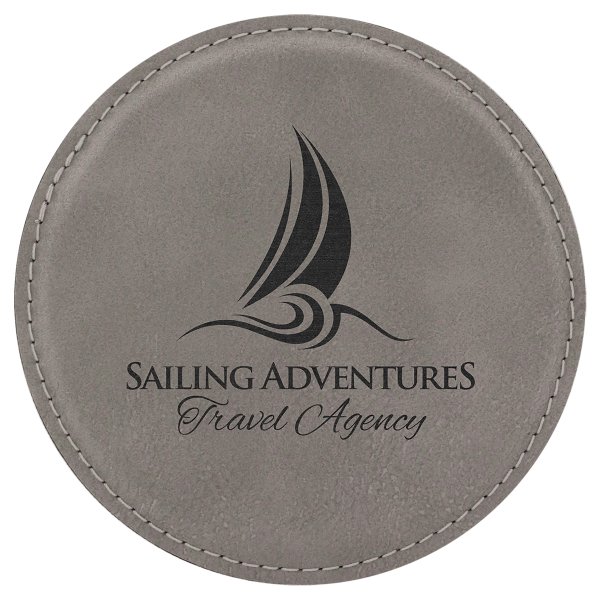 4" Round Gray Engraved Faux Leather Coaster - Gray