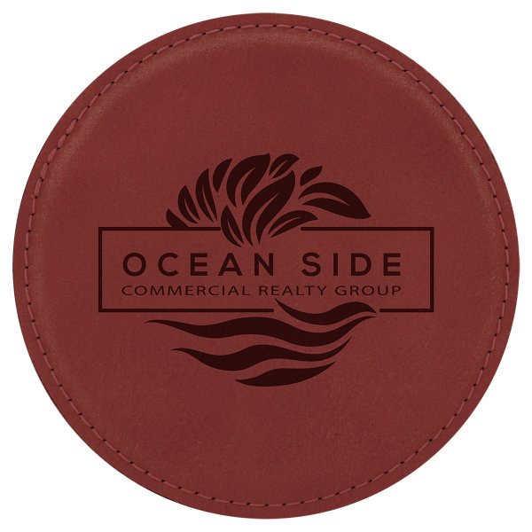 4" Round Rose Engraved Faux Leather Coaster - Rose
