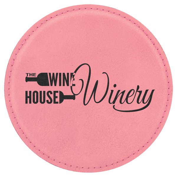 4" Round Pink Engraved Faux Leather Coaster - Pink