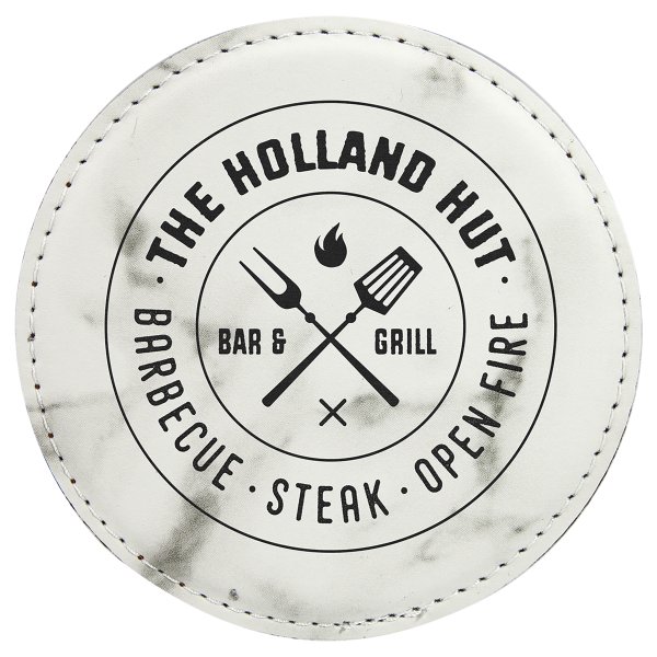 4" Round White Marble Engraved Faux Leather Coaster - White Marble