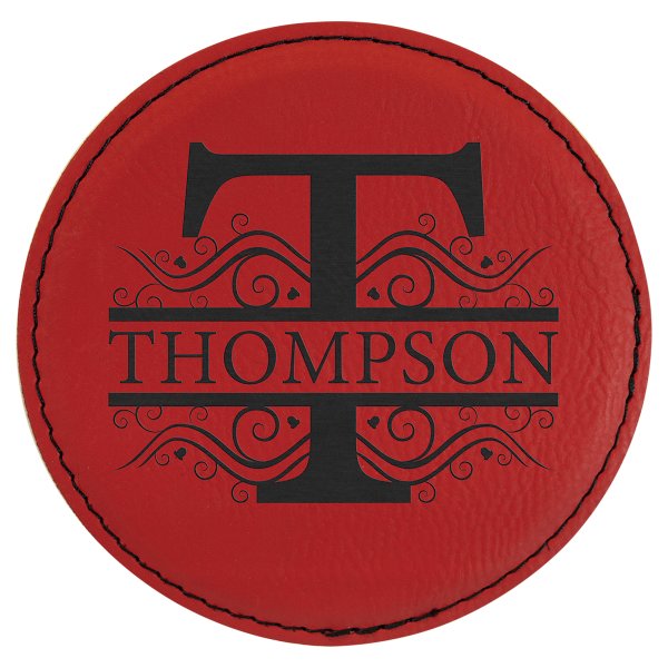 4" Round Red Engraved Faux Leather Coaster - Red