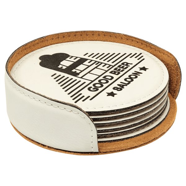 4" White Round Engraved Faux Leather 6-Coaster Set - White