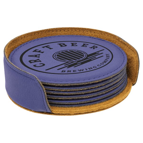 4" Purple Round Engraved Faux Leather 6-Coaster Set - Purple