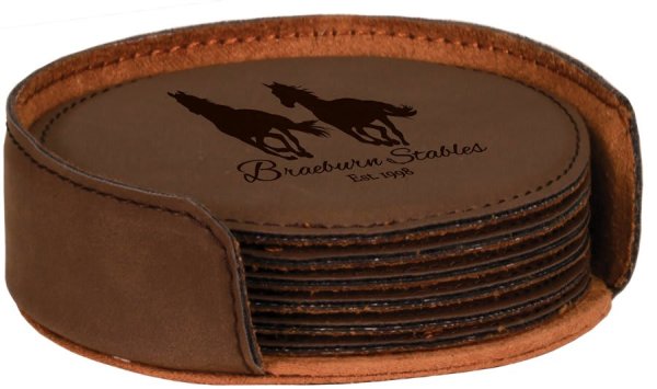 4" Dark Brown Round Engraved Faux Leather 6-Coaster Set - Dark Brown