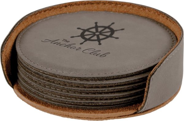 4" Gray Round Engraved Faux Leather 6-Coaster Set - Gray