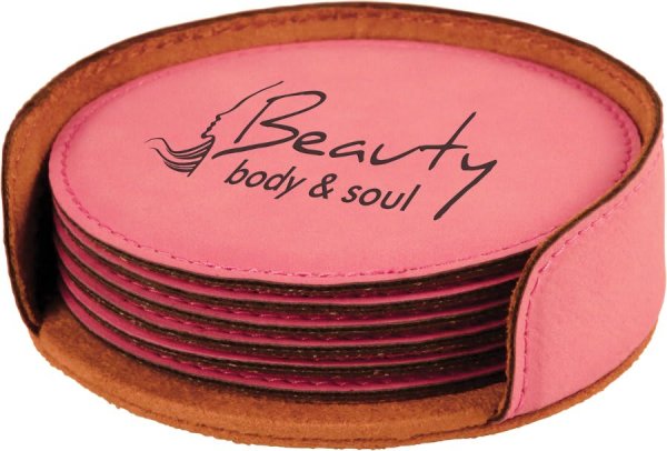4" Pink Round Engraved Faux Leather 6-Coaster Set - Pink