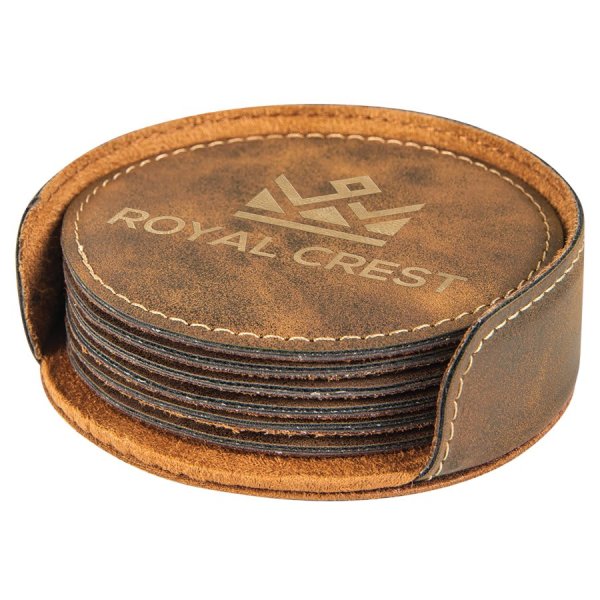 4" Rustic/Gold Round Engraved Faux Leather 6-Coaster Set - Rustic