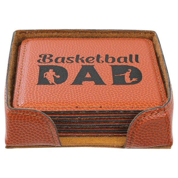 4" x 4" Basketball Square Engraved Faux Leather 6-Coaster Set - Orange