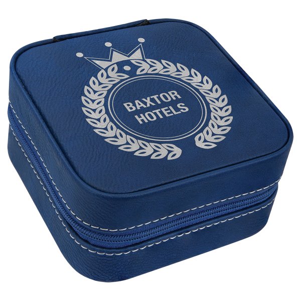 4" X 4" Blue/Silver Leatherette Travel Jewelry Box with Tan Lining - Blue
