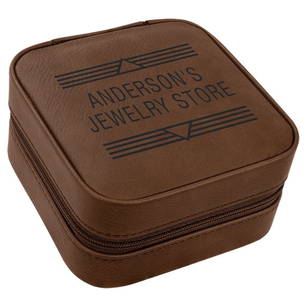 4" X 4" Dark Brown Engraved Faux Leather Travel Jewelry Box with Tan Lining - Dark Brown