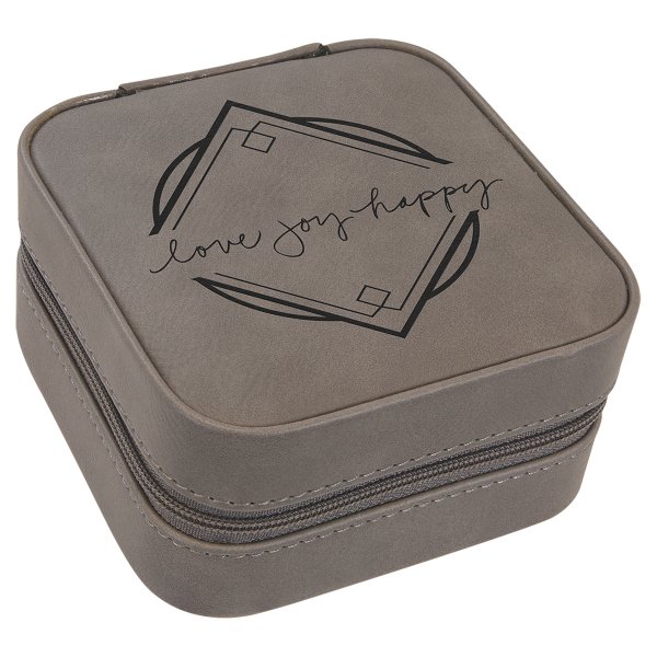 4" X 4" Gray Engraved Faux Leather Travel Jewelry Box with Tan Lining - Gray
