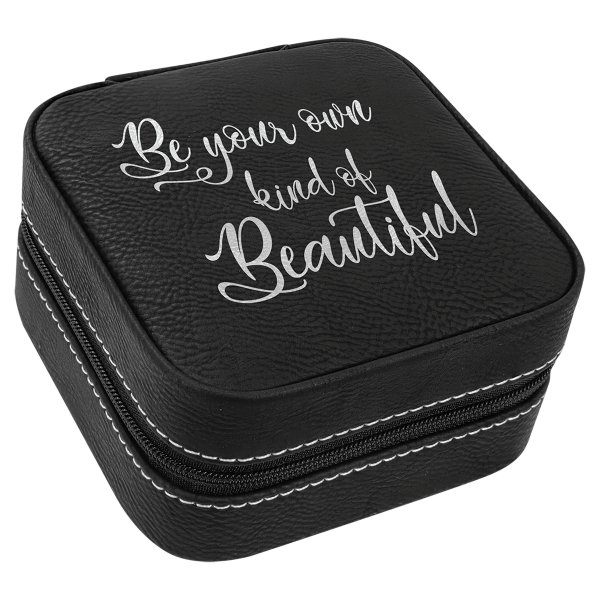 4" x 4"  Black/Silver Engraved Faux Leather Travel Jewelry Box with Tan Lining - Black