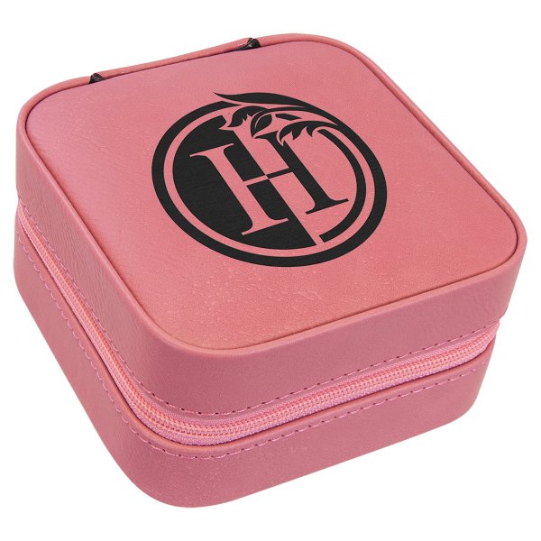 4" X 4" Pink Engraved Faux Leather Travel Jewelry Box with Tan Lining - Pink