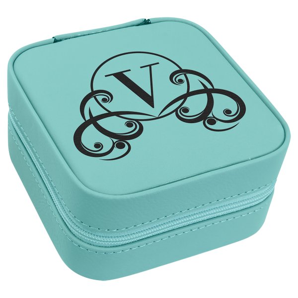 4" X 4" Teal Engraved Faux Leather Travel Jewelry Box with Tan Lining - Teal