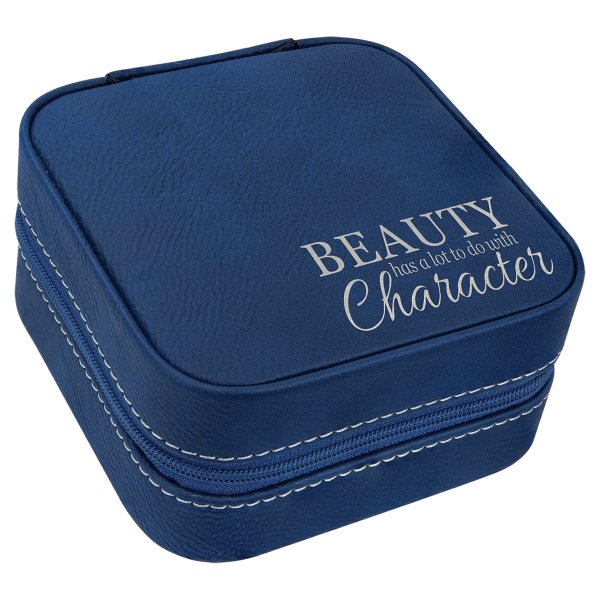 4" X 4" Blue/Silver Engraved Faux Leather Travel Jewelry Box with Black Lining - Blue