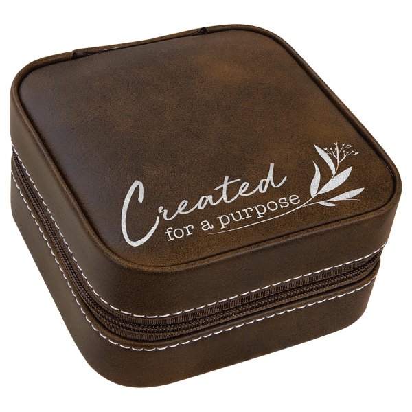 4" X 4" Rustic/Silver Engraved Faux Leather Travel Jewelry Box with Black Lining - Rustic
