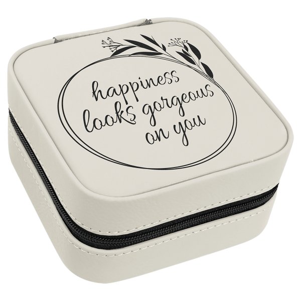 4" X 4" White/Black Engraved Faux Leather Travel Jewelry Box with Black Lining - White