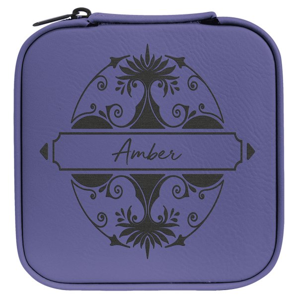 4" X 4" Purple/Black Engraved Faux Leather Travel Jewelry Box with Black Lining - Purple