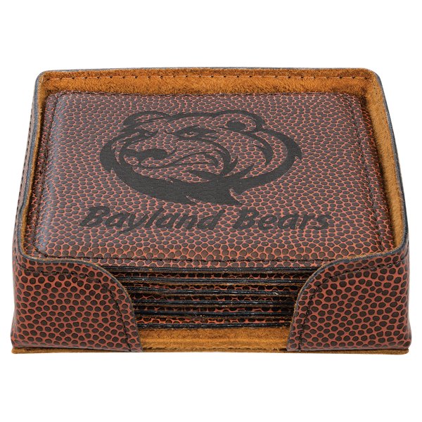 4" x 4" Football Square Engraved Faux Leather 6-Coaster Set - Brown