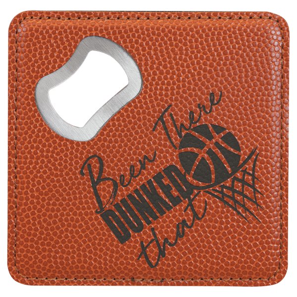 4" x 4" Square Basketball Engraved Faux Leather Bottle Opener Coaster - Orange